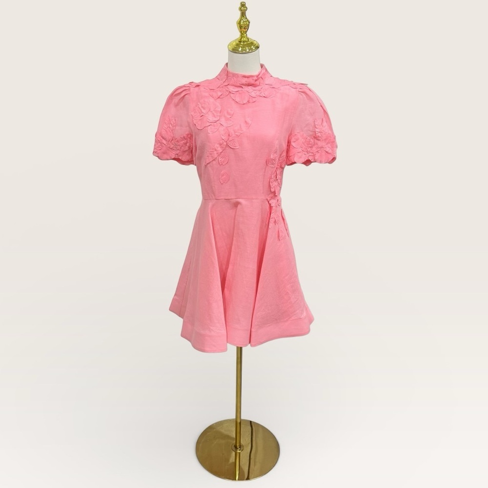 Antonio Melani Iris Linen Blend Floral Appliqué Mockneck Dress Taffy Pink NWT - Picture 2 of 16